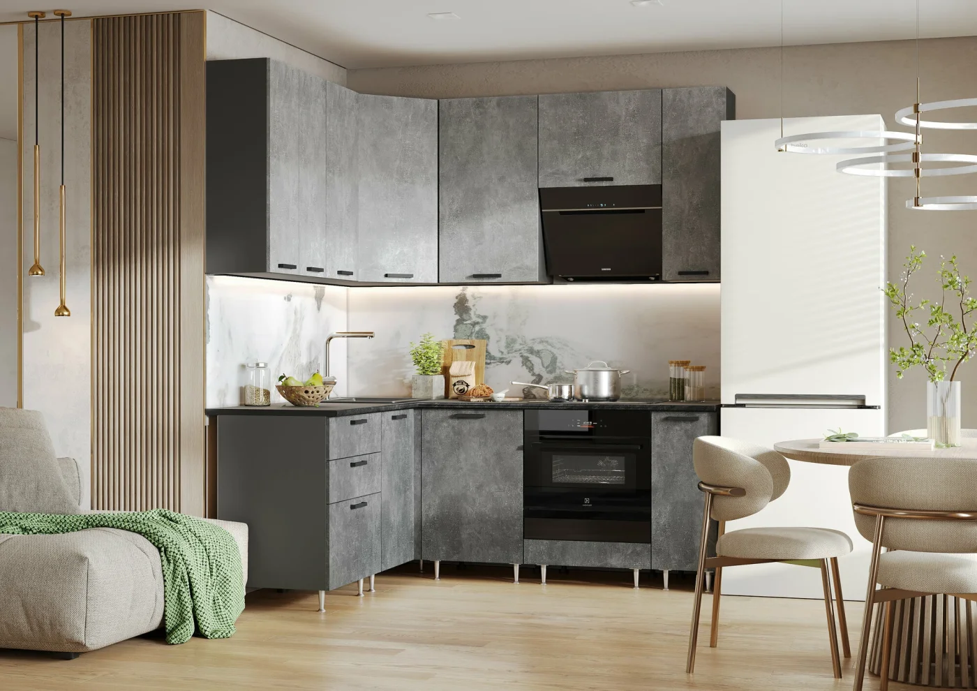 Кухня угловая "Эталон Рио",1,6* 2.00 м (900) компановка №2, столешница кастилло. Бетон светлый/бетон темный , ЛДСП